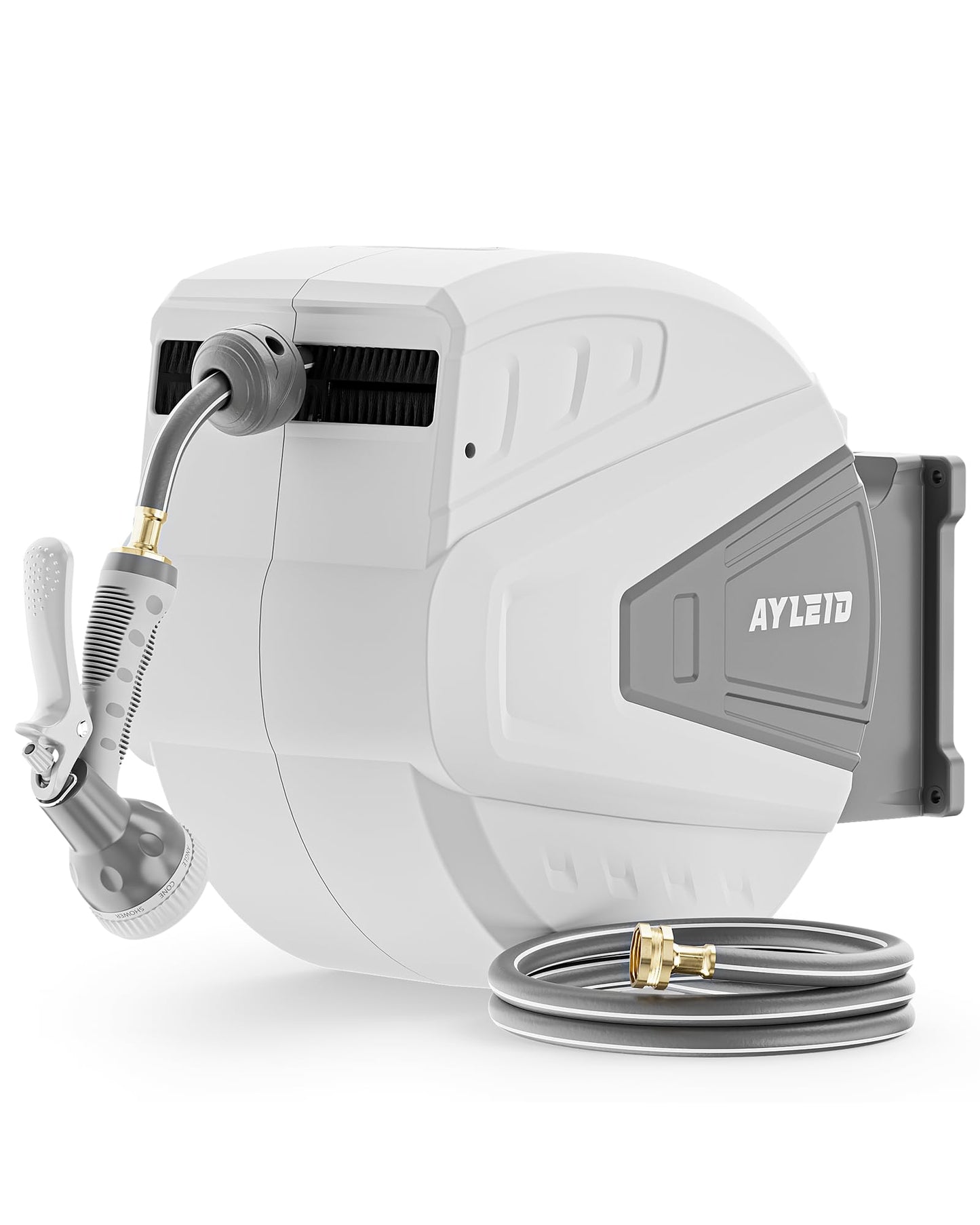 Ayleid Retractable Garden Hose Reel,1/2 in x 130 ft Wall Mounted Hose Reel, with 9- Function Sprayer Nozzle, Any Length Lock/Slow Return System/Wall Mounted/180Â°Swivel Bracket (Gray)