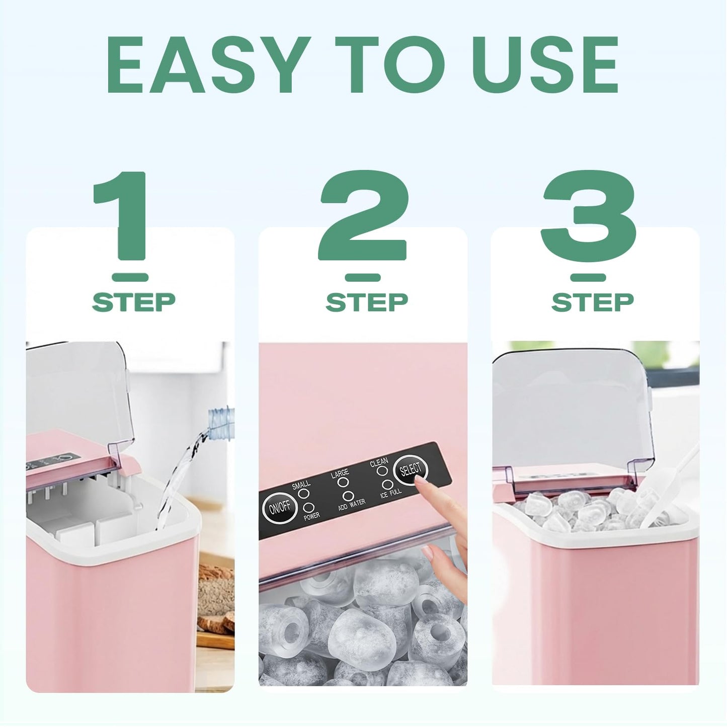 KMFurnila Ice Makers Countertop, Portable Ice Machine with Handle, 6 Mins 9 Bullet Ice Cubes with Basket and Scoop, 26lbs in 24Hrs, Auto-Cleaning, for Home, Kitchen, RV, Camping, Pink