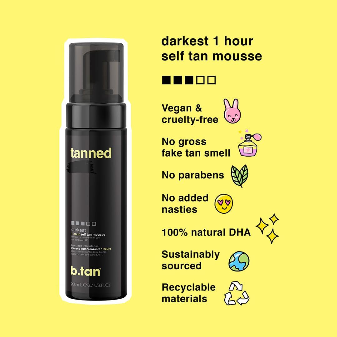 b.tan Dark Self Tanner Kit | Get Tanned Bundle - Best Mousse w/Tanning Mitt Applicator, 1 Hour Express Sunless Foam, Fast Bronzing Glow, No Fake Tan Smell, Vegan, Cruelty Free, 6.7 Fl Oz