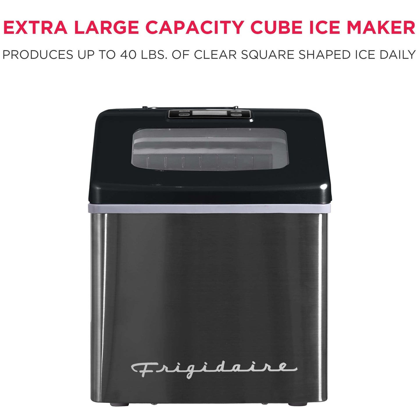 Frigidaire Ice Maker EFIC452, Countertop Stainless Steel Ice Maker with Transparent Window, Clear Ice Cube Maker with 40 lbs. Capacity, Ice Maker Machine – 14.8" D x 11" W x 14.1" H (Black)