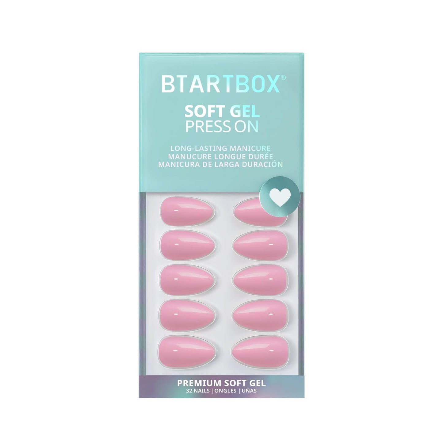 BTArtbox Press On Nails Almond - Pastel Baby Pink Short Press On Nails with Glue for Women, Opaque Soft Gel Glue On Nails in 16 Sizes - 32 Stick On Nails Kit, Bounce Kiss