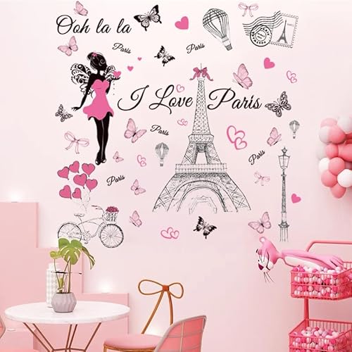 Paris Wall Decal Vinyl Eiffel Tower Wall Sticker Bicycle Hot Air Ballon Wall Decor for Girl Women Bedroom Living Room