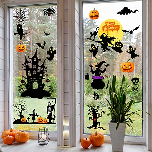 6 Sheets Halloween Wall Decals Black Bats Witch Ghost Ancient Castle Pumpkin Wall Stickers Decor Removable DIY Home Art for Halloween Party Supplies