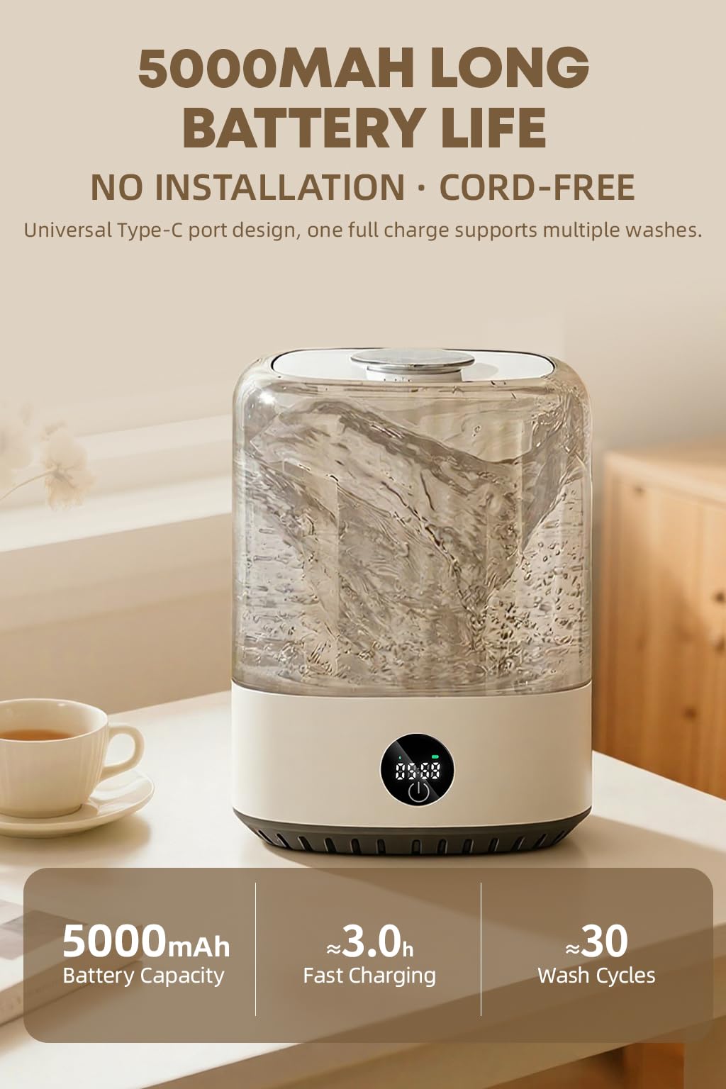 Portable Mini Washing Machine, 4L Washing Machine Cleaning for Underwear, Rechargeable Cordless Compact Washerfor Singles, Apartments RV, Underwear Laundry Washer