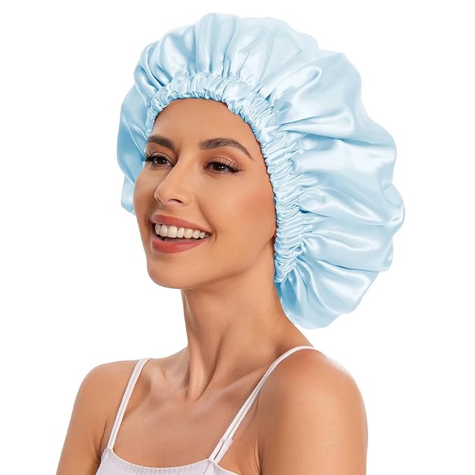 Satin Bonnet Silk Bonnet Hair Bonnet for Sleeping-Slouchy Beanie Hat Satin Sleep Cap for Women's Natural & Curly Hair(Blue)