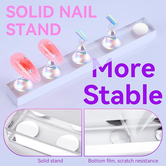 Makartt Press on Nails Stand: Clear and Pink Nail Holder for Painting Nails, Stands for Art Display Practice, Magnetic Clear Glitter Flower Fake Holders with Reusable Adhesive Putty for Home Salon DIY