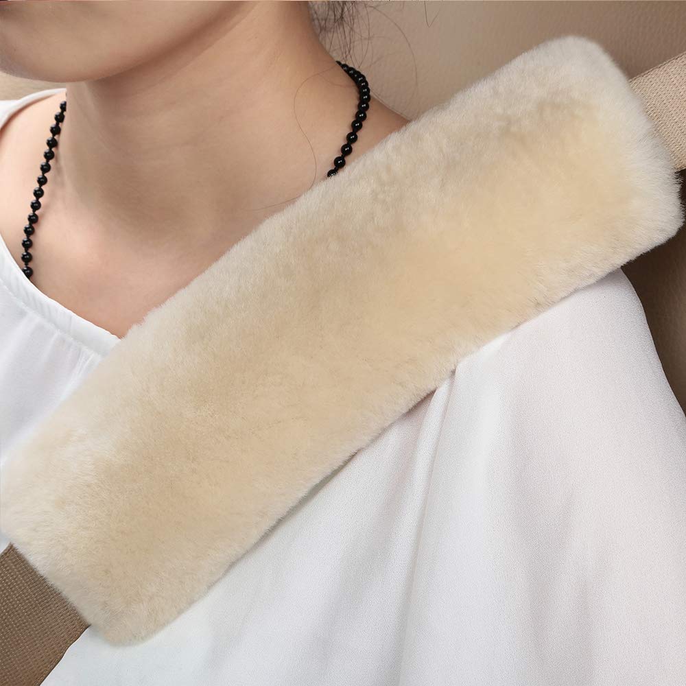 OGLAND 2 Pack Automotive Authentic Sheepskin Car Seat Belt Pads, Soft Shoulder Pad, Neck Cushion Protector, Genuine Natural Merino Wool (Pearl)