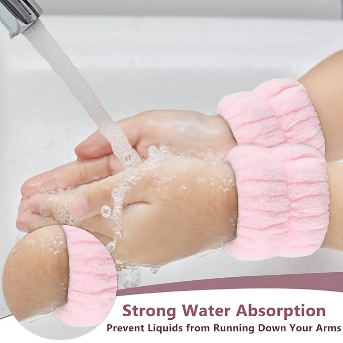 Casoty 6 Pcs Pink Spa Headband and Wristband Set, Microfiber Material, Strong Elasticity, Wide Application for Makeup, Yoga, Reading, Work, Halloween Costume, Pajama Parties, Mother's Day Gift