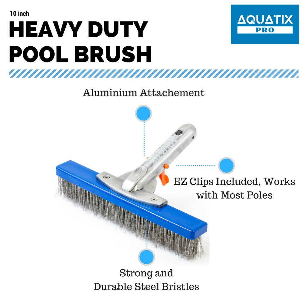 Aquatix Pro Heavy Duty Pool Brush, Durable 10" Swimming Pool Cleaner Brush Best for Tackling Stubborn Stains, Aluminium Handle & Stainless Steel Bristles, Suitable for Concrete & Gunite Pools.