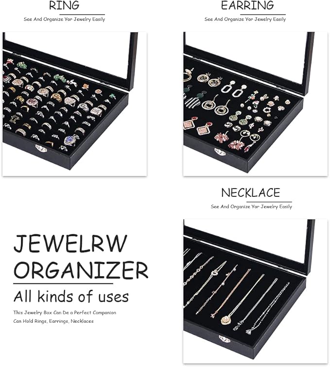 Ring Holder Organizer Box, Jewelry Display Case, Earring Necklace Storage Tray With Top Glass Lid (Black, 100 Slots)