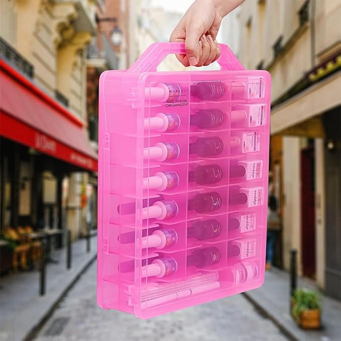 Makartt Nail Polish Organizer, Pink Acrylic Portable Storage Case Holder for 48 Bottles, with 8 Adjustable Dividers, Space-Saving & Colors Display