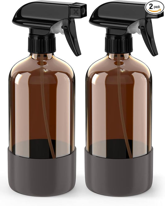 Bontip Glass Spray Bottle with Silicone Sleeve Protection, Amber Glass Spray Bottle Set for Window Cleaner Aromatherapy Facial Hydration Watering Flowers Hair Care 2 Pack/16 oz (Grey, 16 oz)