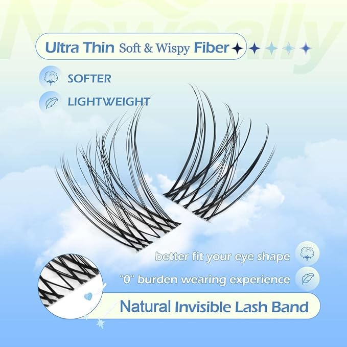 Lash Clusters Kit Natural Wispy DIY Eyelash Extension Kit 8-16MM Eyelash Clusters Kit D-curly Lash Extension Kit Thin Invisible Lash Band Individual Lashes Kit by Newcally
