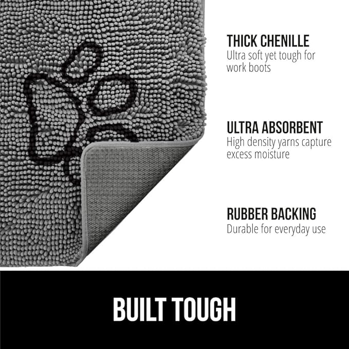 GORILLA GRIP SoakSTOPPER Dog Door Mat, 48x30 Machine Washable Rug Absorbent Doormat Captures Moisture Mud Dirt, Quick Dry Soft Chenille Entryway Rugs Indoor Entrance Mats for Dog Paws, Paw Grey