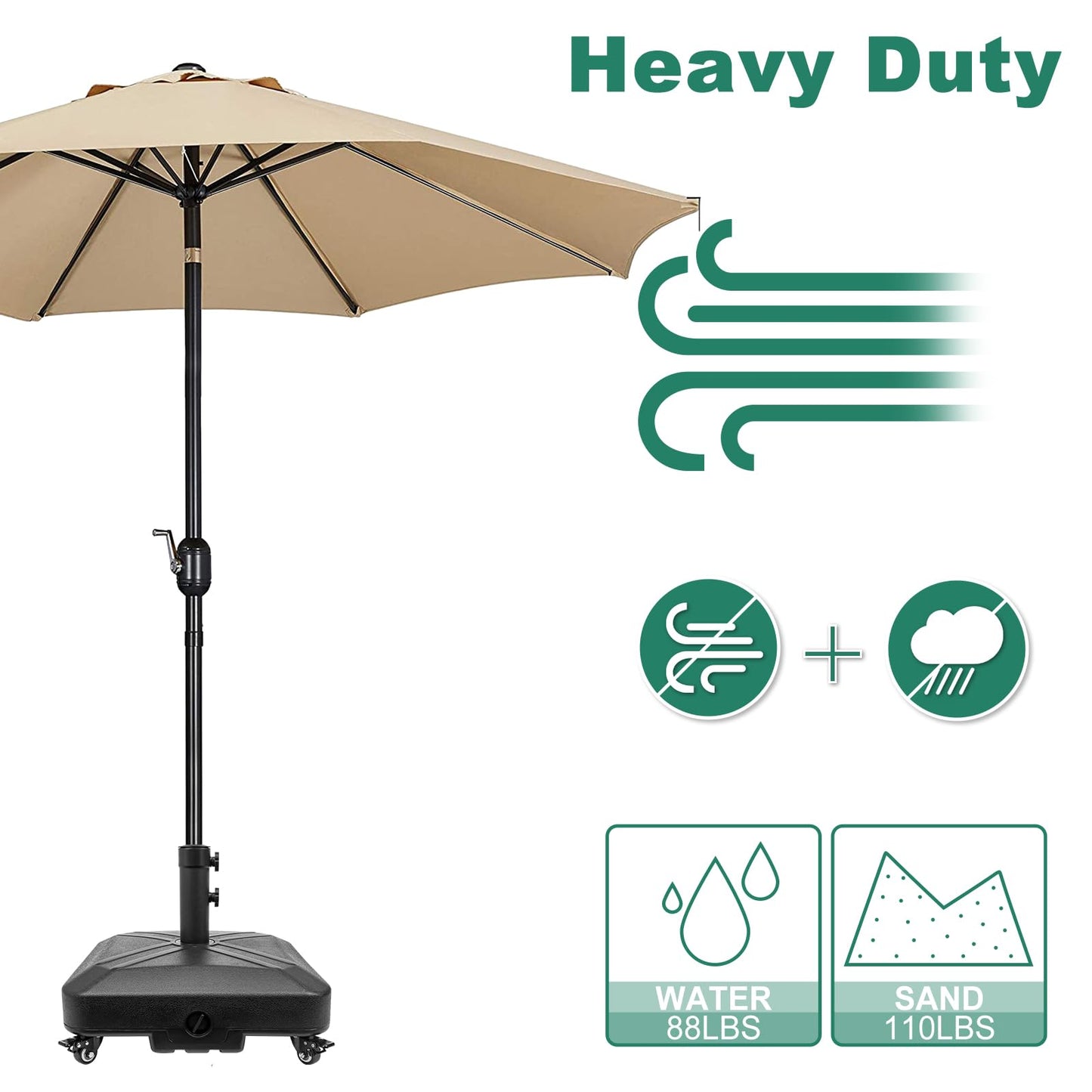 RAOKUKH Patio Umbrella Base Heavy Duty with Wheels Square Market Stand for Outdoor 4 Locks 2 Knobs 125lb Capacity, Black