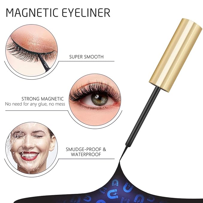 Magnetic Eyelashes, 6 Pairs Magnetic Lashes, False Lashes with 2 Tubes of Magnetic Eyeliner, Magnetic Eyelashes Kit with Tweezers, Reusable, No Glue