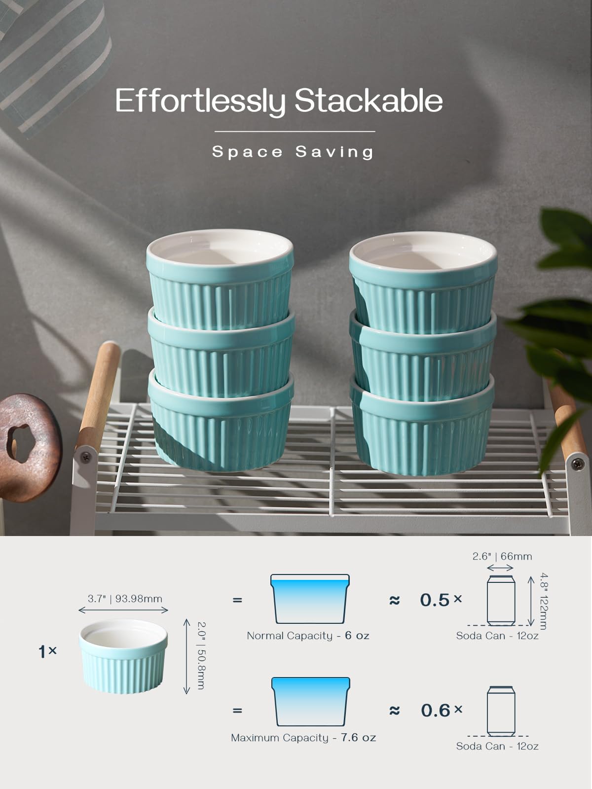 DOWAN Ramekins 6 oz Oven Safe - 6 oz Ramekins for Creme Brulee Souffle, Porcelain Ramekins for Baking, Classic Style Ramekins Bowls, Set of 6, Blue