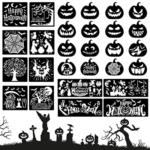 Halloween Stencils Kit (28 pcs) - lyfLux Reusable Pumpkin Carving Templates, Durable PET Material for Halloween Decorations, DIY Crafts, Wall Murals & Party Decor