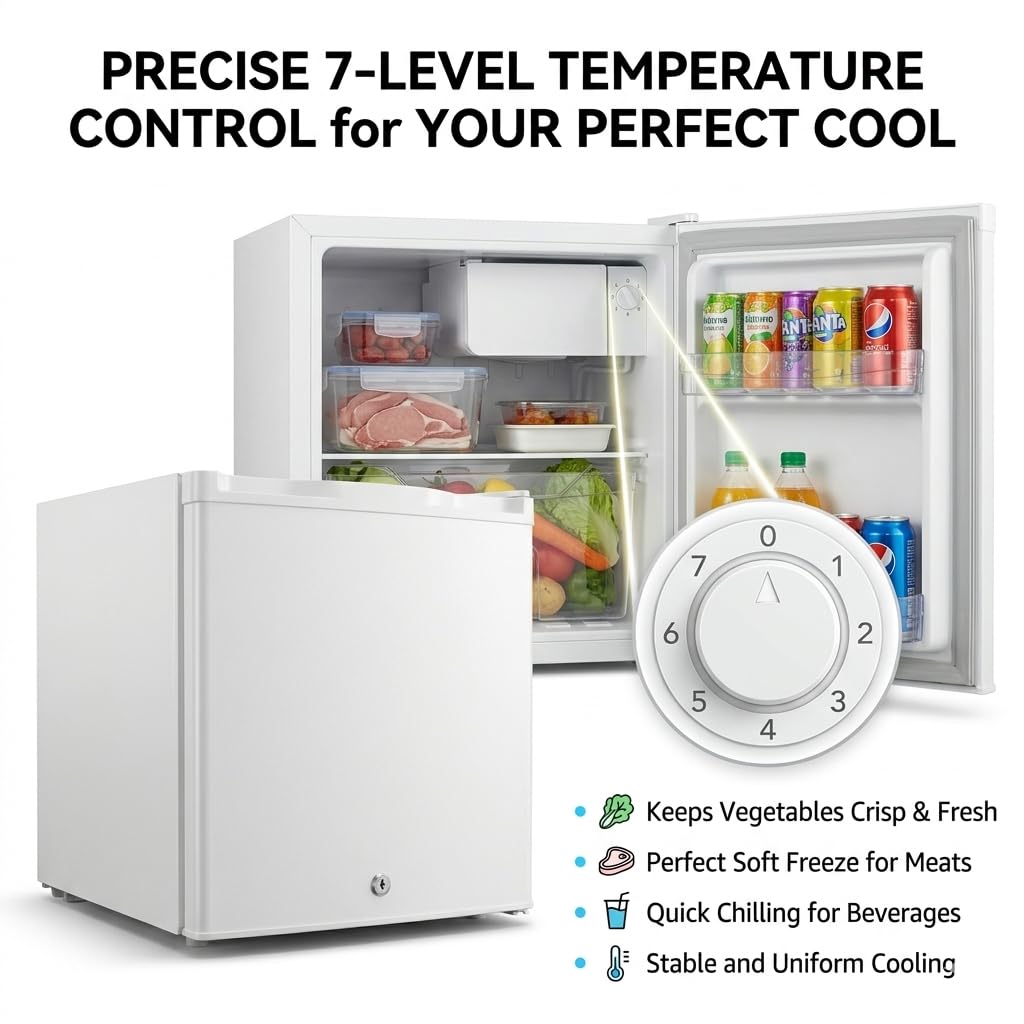 Casanta 50L. Mini Fridge with Lock and Key, Compact Refrigerator with Chiller Compartment, Quiet Energy Efficient Small Fridge for Dorm, Bedroom, Office, RV, Garage - White