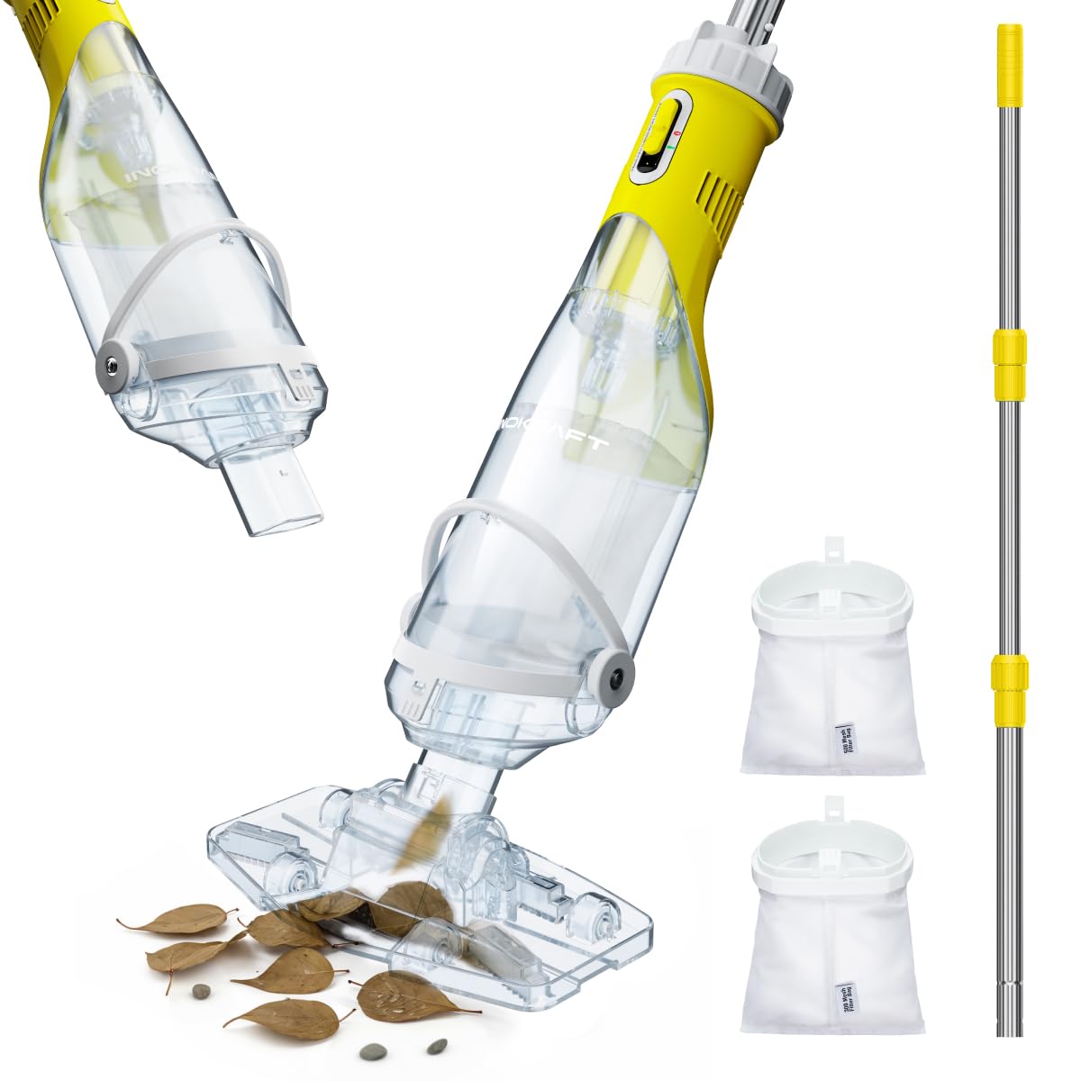 InoKraft Pool Vacuum for Above Ground Pool, Cordless Pool Vacuum for Inground Pools, Rechargeable Pool Cleaner with 18.5 GPM Suction, Above Ground Pool Vacuum with 59” Extendable Pole, Yellow