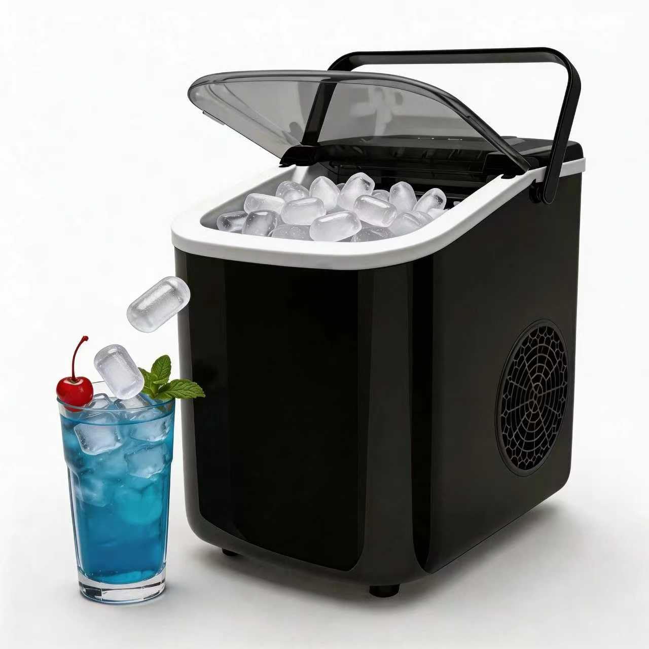 Small Portable Countertop Ice Maker, 26lbs/24H Ice Machine with Self-Cleaning, 6-8 Mins Fast Ice Making,Quiet Operation, Compact Ice Maker with Handle for Home Kitchen Camping RV (Black, 26lbs)