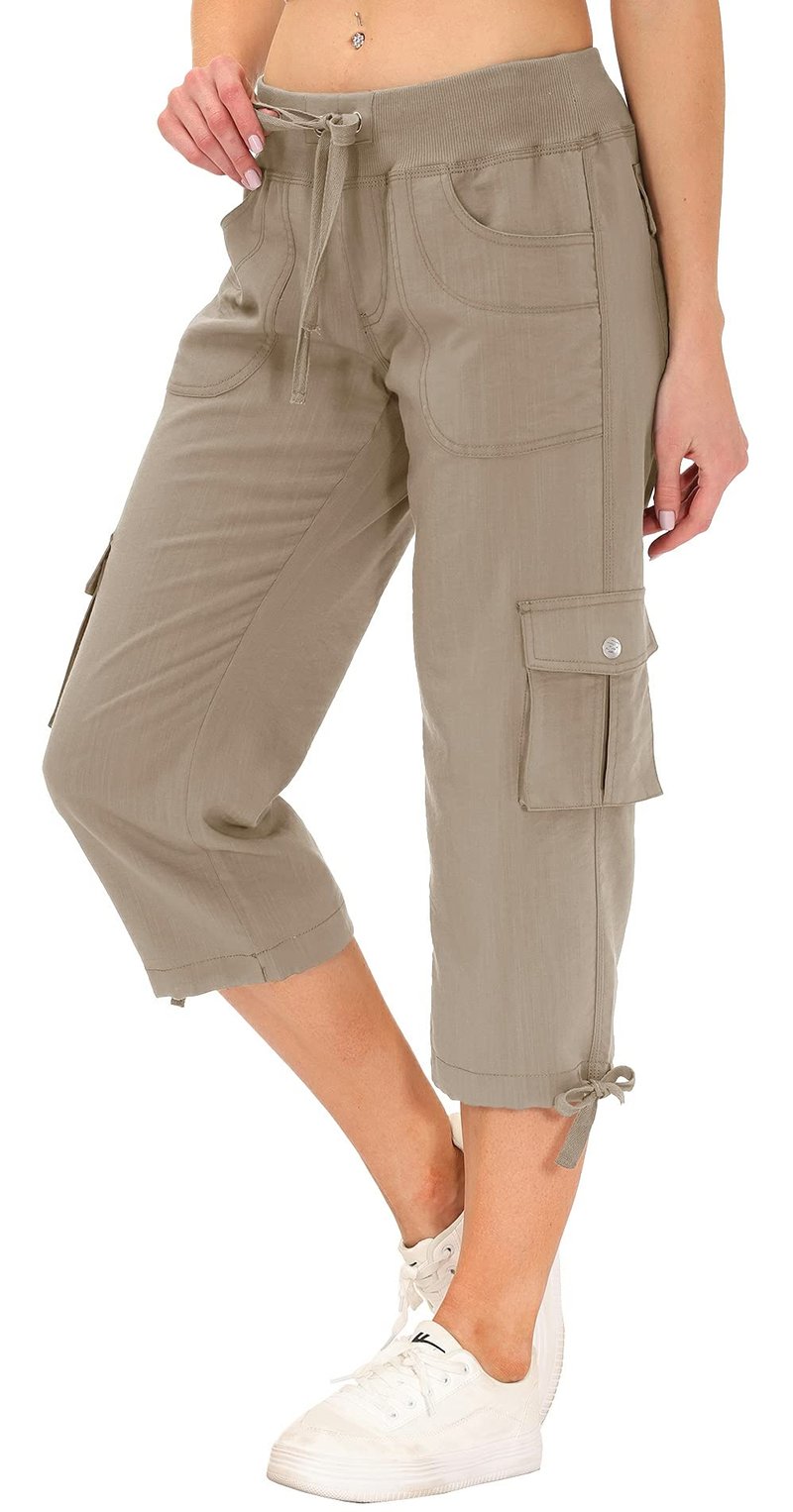MoFiz Women's Sports Capri Pant Cargo Hiking Pants Lightweight Quick Dry Running Outdoor Capris for Women UPF 50+ Button Pockets Khaki L