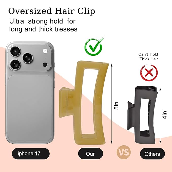5 Inch XL Jumbo Claw Clips for Thick and Long Hair, 4-Pack Oversized Translucent Rectangle Hair Clips for Women, Strong Hold Non-Slip Jaw Clips, Jelly Colors