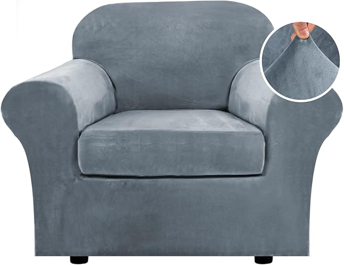 H.VERSAILTEX Rich Velvet Stretch 2 Piece Cover Chair Slipcover Sofa Cover Furniture Protector Couch Soft with Elastic Bottom Chair Couch Cover with Arms Width Up to 49 Inch(Chair, Stone Blue)