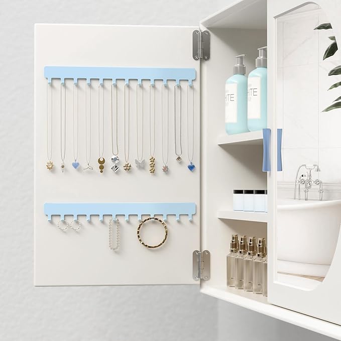 Necklace Organizer Wall Mount: Wall Necklace Hanger with Hooks for Tangle-Free Storage – Easy Access Wall Mounted Necklace Holder for Jewelry Display, Baby Blue