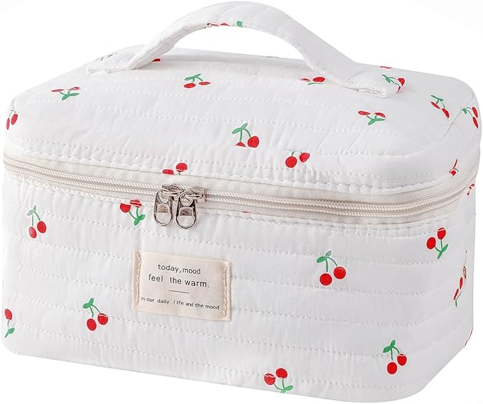 uekeboag Large Travel Quilted Makeup Bag for Women, Floral Cotton Cosmetic Bag, Coquette Aesthetic Floral Toiletry Organizer Bag