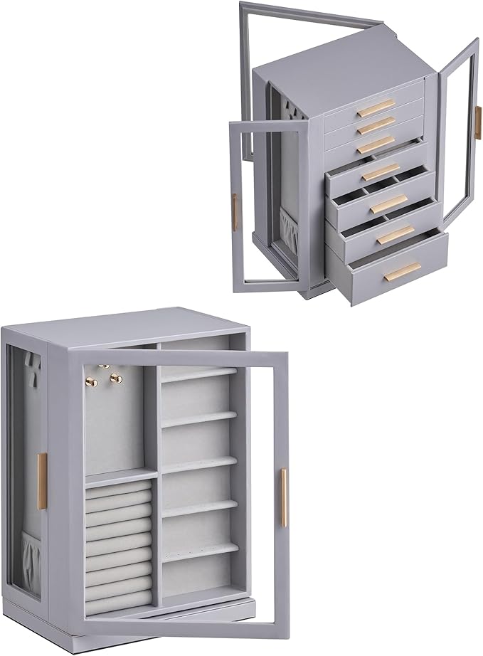Glimmloop 360ÃÂ° Rotating Jewelry Box with 7 Drawers, Spacious Vertical Jewelry Organizer with Glass Window, Jewelry Storage Case, Dustproof & Moisture-resistant Design, Grey