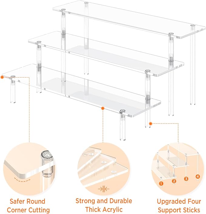 3 Tier Acrylic Display Risers, Large Perfume Organizer Stand, Clear Cupcake Stand Holder, Display Shelves for Figurines, Dessert Shelf for Party, Risers Display Stand for Decoration (1 Pack)
