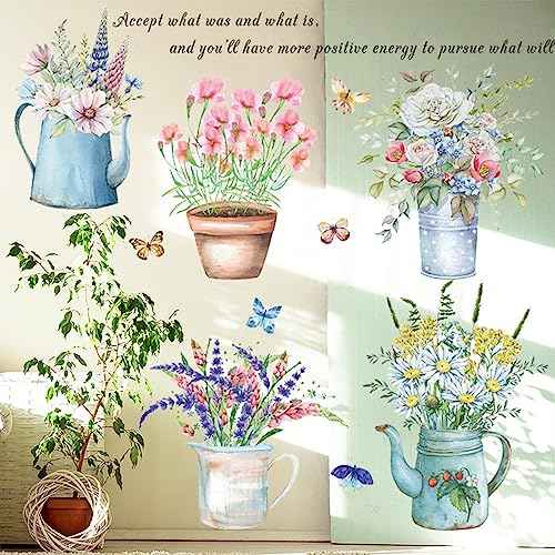 Wall Decals, Butterfly and Flower Pots Pattern, Floral Theme Stickers