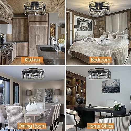 Ohniyou Caged Ceiling Fan with Light - 18'' Small Farmhouse Cage Ceiling Fan Remote Control, Flush Mount Rustic Ceiling Fan for Kitchen Bedroom