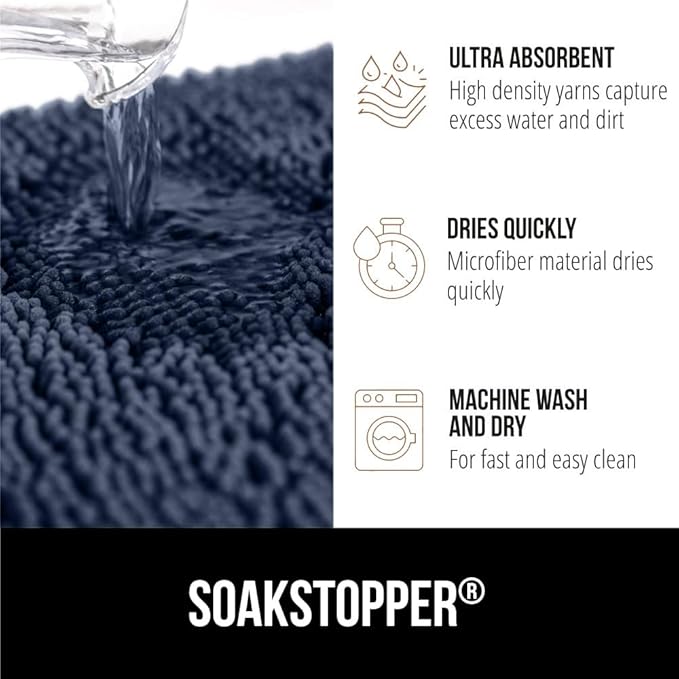 GORILLA GRIP SoakSTOPPER Dog Door Mat, 48x30 Machine Washable Rug Absorbent Doormat Captures Moisture Mud Dirt, Quick Dry Soft Chenille Entryway Rugs Indoor Entrance Mats for Dog Paws, Navy Blue