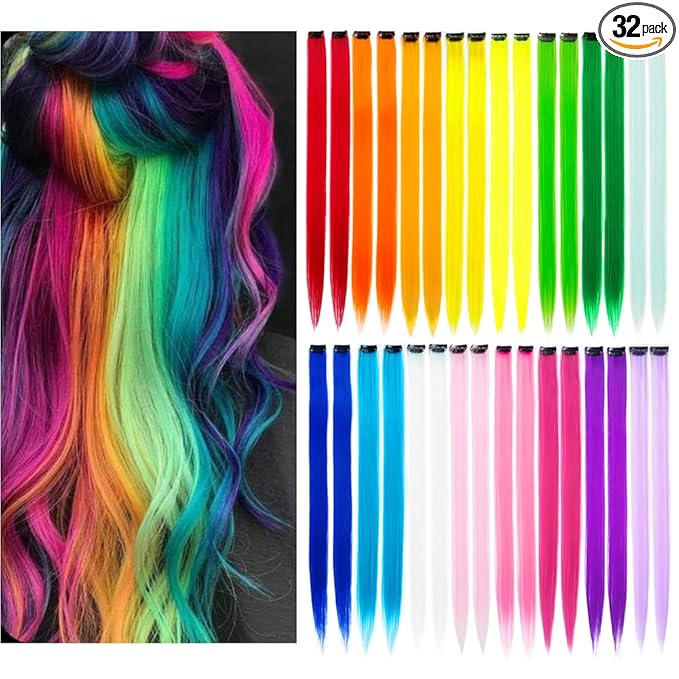 32Packs Colored Hair Extensions 20Inch Straight Color Clip in on Hair Extension Rainbow Party Highlights Synthetic Hairpiece(16 colors)