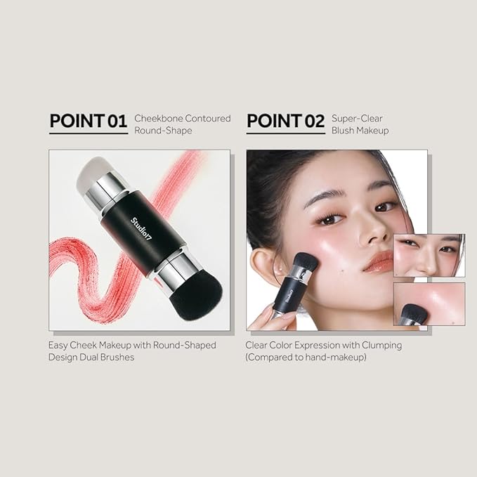 STUDIO17 Dual Ended Silicone Tip Blush Brush | Korean Olive Young Makeup Tool for Contouring & Blush Application | Skin-Friendly Non-Irritating Professional Face Makeup Brush
