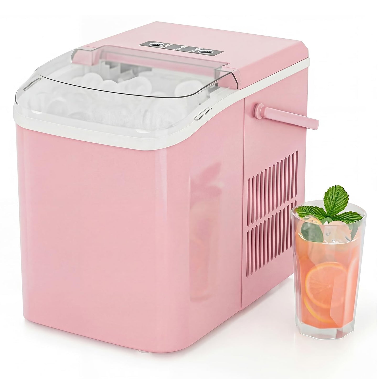 KMFurnila Ice Makers Countertop, Portable Ice Machine with Handle, 6 Mins 9 Bullet Ice Cubes with Basket and Scoop, 26lbs in 24Hrs, Auto-Cleaning, for Home, Kitchen, RV, Camping, Pink