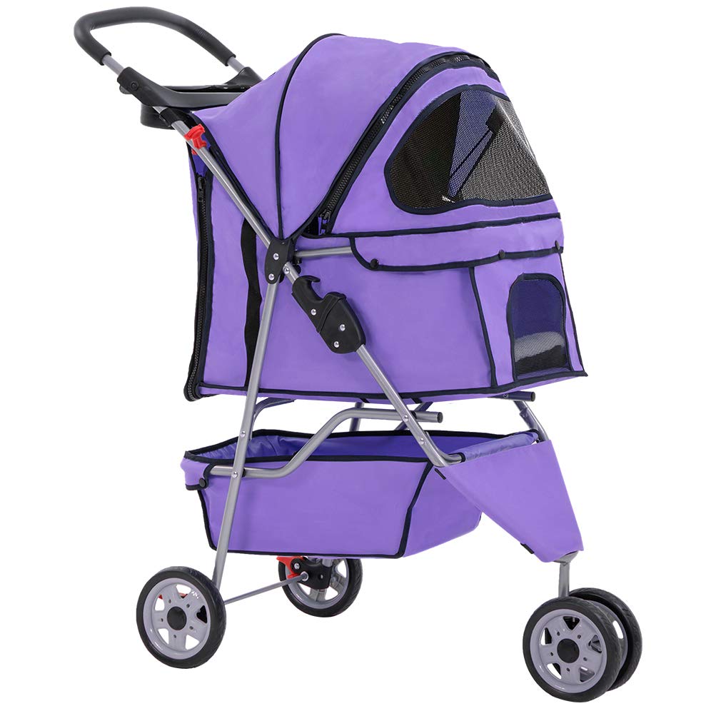 BestPet 3 Wheels Pet Stroller Dog Cat Cage Jogger Stroller for Medium Small Dogs Cats Folding Travel Carrier with Cup Holder, Waterproof Design & Removable Liner, Purple