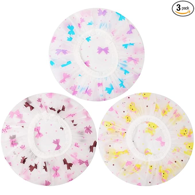 Shower Caps, 3 Pcs Waterproof Bath Caps Plastic Reusable Shower Caps Elastic Band Bath Hair Hat for Women Ladies Spa Salon