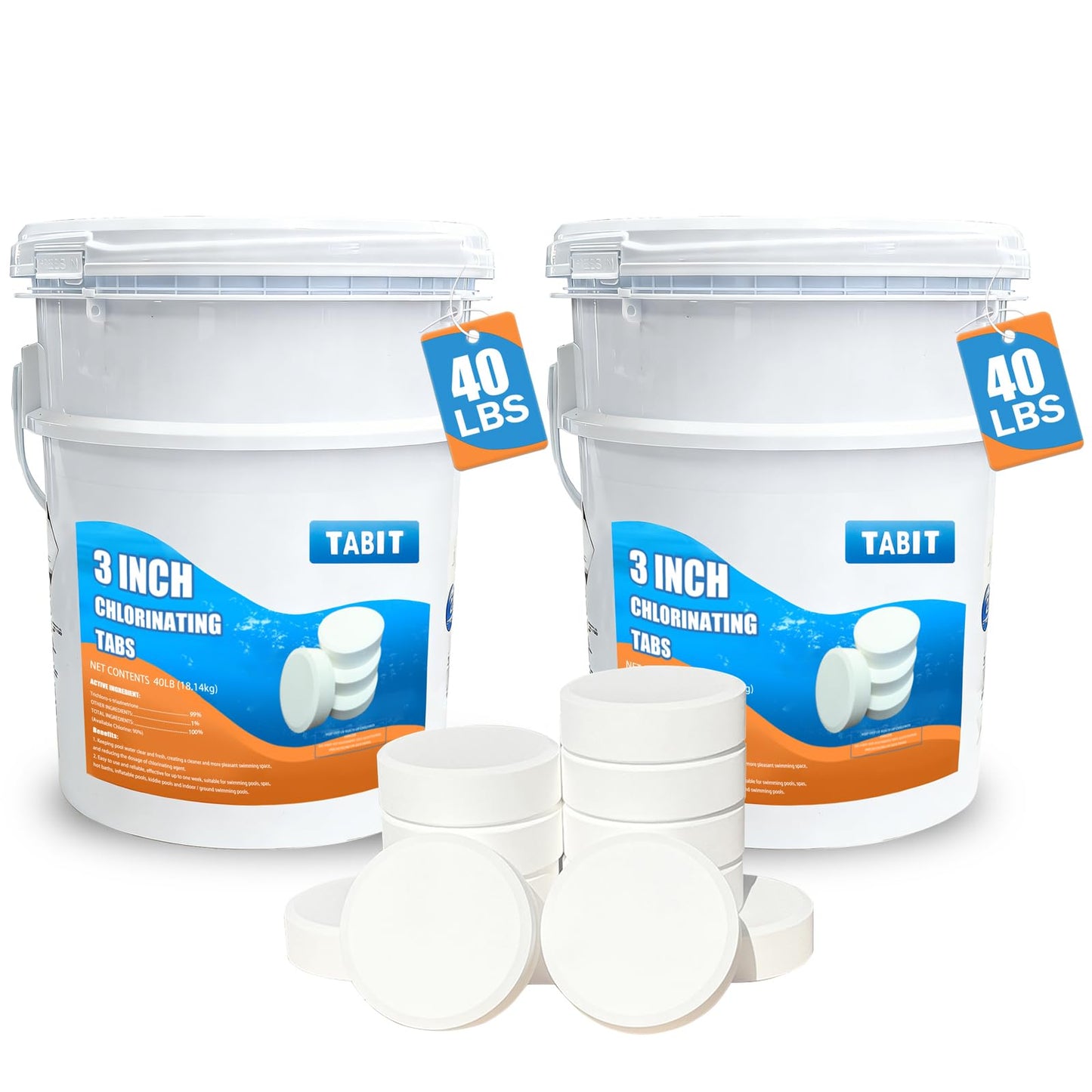 TABIT 80 lbs Chlorine Tablets 3 Inch for Swimming Pools â Slow Dissolving & Long Lasting â 99% Available Chlorine Tri-Chlor â Kills Bacteria & Stops Algae â 2 x 40 lb Buckets
