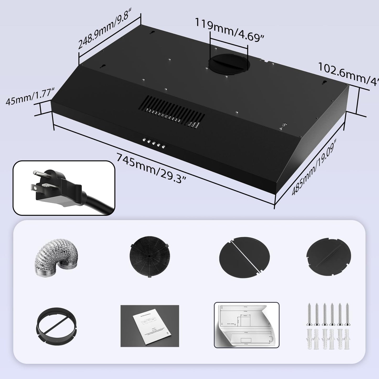 Argyolas 30 Inch Under Cabinet Range Hood, Ductless Oven Hood Vent Convertible to Ducted, Kitchen Stove Extractor with Charcoal Filter and Foil Pipe