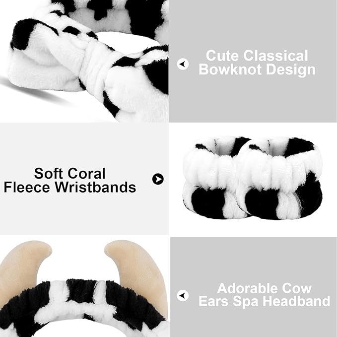 Canitor Cow Print Spa Headband and Wrist Bands Kit - Soft Makeup Headband Cute Cow Ears Skincare Set Gifts for Women Girls