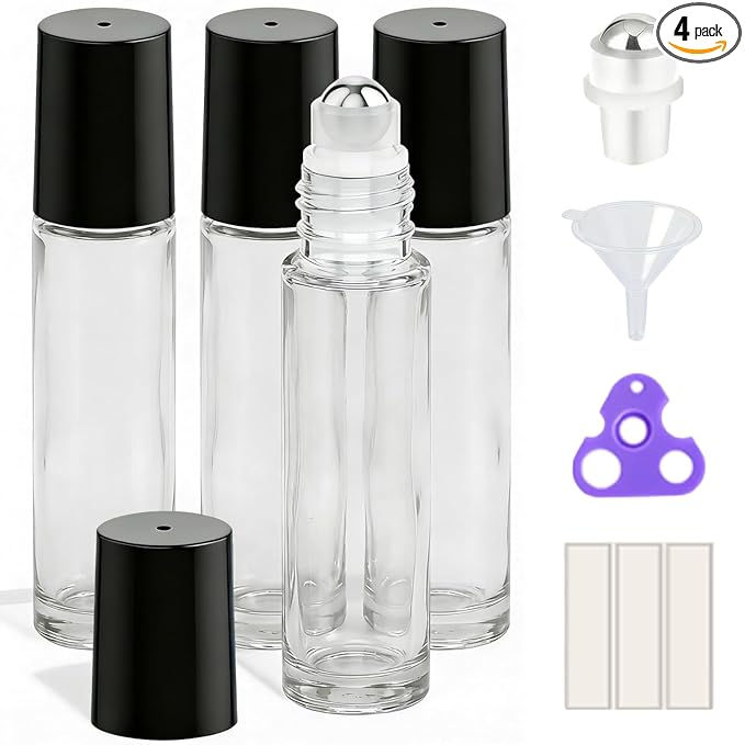 PrettyCare 4 Pack, 10 ml Essential Oil Roller Bottles with Stainless Steel Roller Ball - Refillable Leak-proof Empty Thick Clear Glass Roll on Bottles with Black Caps for Travel, Perfume