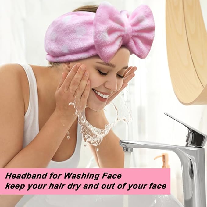 Shintop Women Fashion Lovely Soft Carol Fleece Bowknot Bow Makeup Cosmetic Shower Elastic Hair Band Hairlace Headband (Pink Polka dots)
