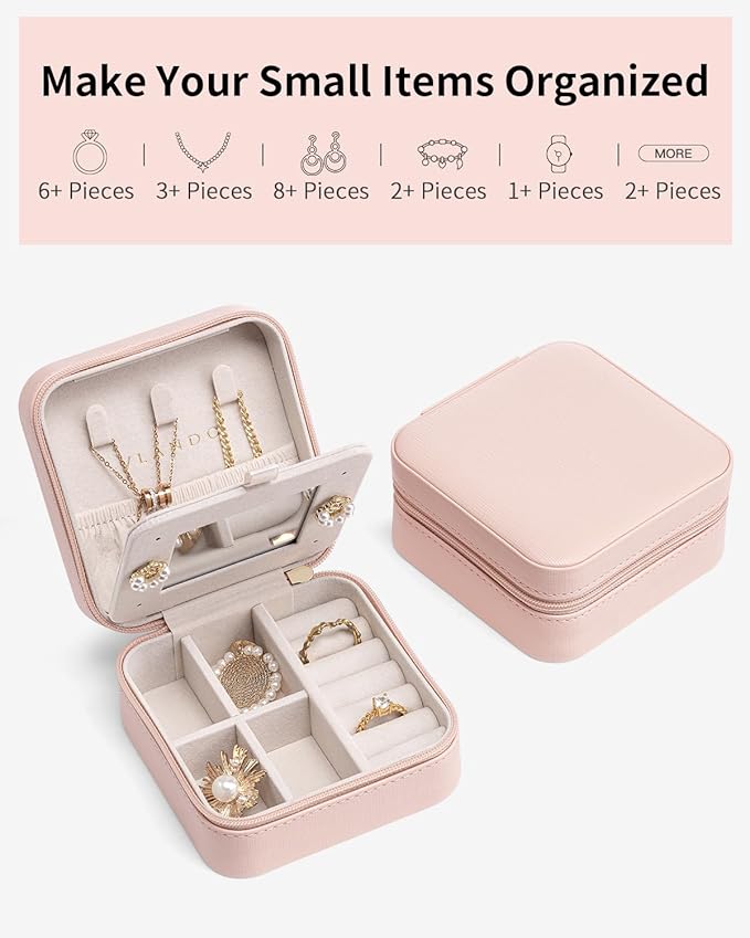 VLANDO Valentines Day Gifts - Small Travel Jewelry Box Organizer -Jewelry Display Case for Girls Women Bridesmaid Gift Rings Earrings Necklaces Storage with Mirror Pink