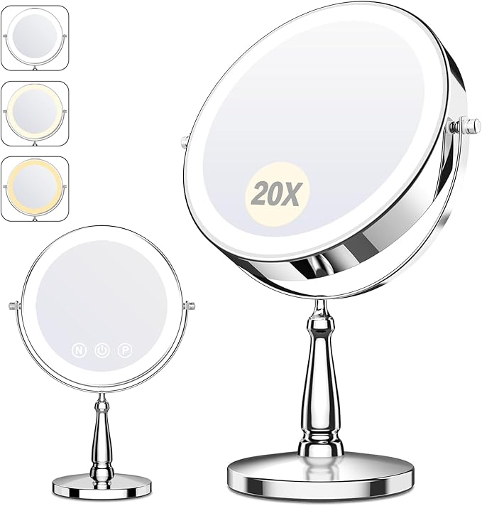 Vanity Mirror with Lights, 9'' Lighted Makeup Mirror, 1X/20X Double Sided Magnifying Mirror, 5000mAh Rechargeable, 3 Color Dimmable LED, 360° Rotation Desk Mirror for Makeup & Skincare