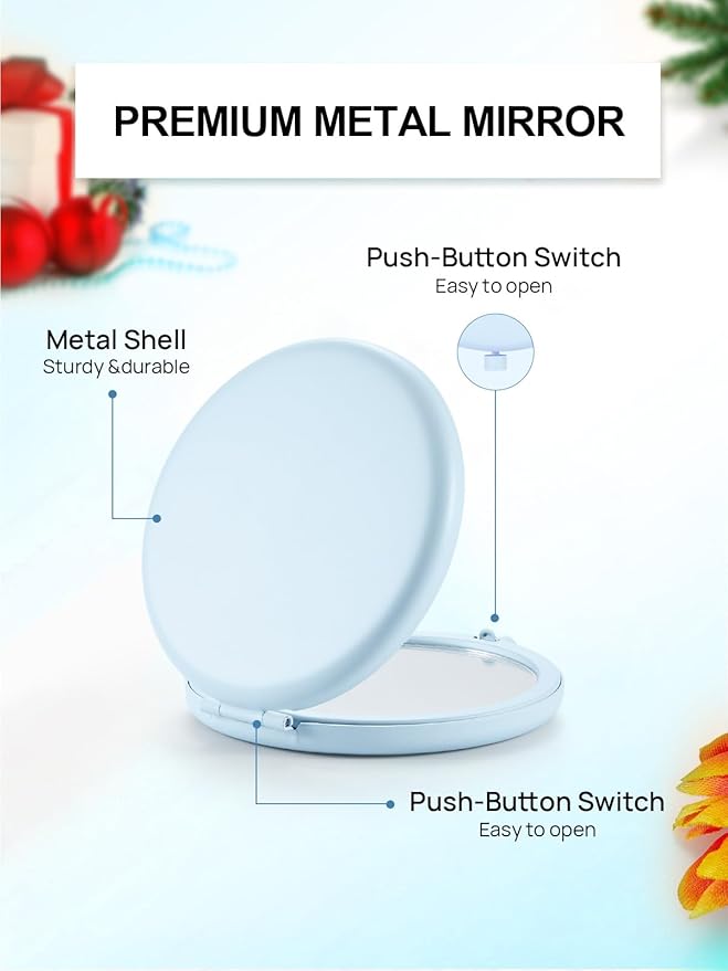 Compact Mirror for Purse, Set of 2 Double-Sided 1X/2X Magnifying Metal Pocket Makeup Mirrors(Round, Light Blue)