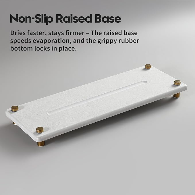 Water Absorbing Stone Sink Caddy Kitchen Sink Organizer Tray, Diatomite Bathroom Counter Tray, Gold Faucet Drying Mat Coaster Soap Dish Rack Riser Dispenser Sponge Holder, Beige 12.5" x 4.5"