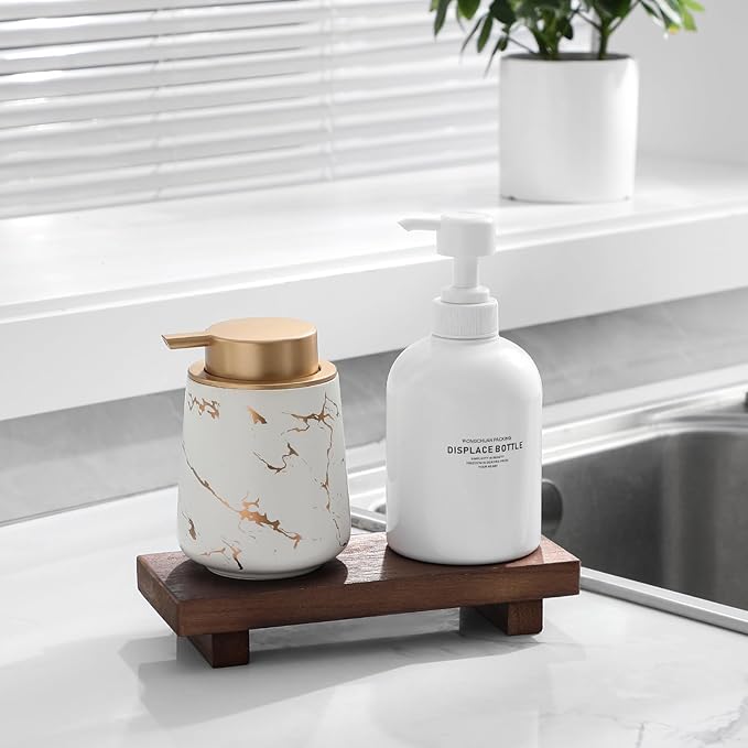 zoocatia Small Wood Tray Pedestal Stand Farmhouse Bathroom Decor Decorative Wooden Riser Kitchen Soap Dish Holder for Vanity, Counter, Sink, Walnut